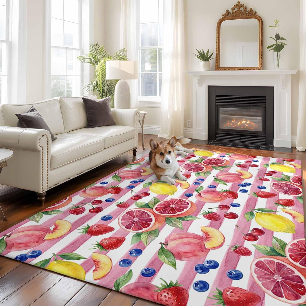 5x8ft Washable Area Rug,Fluffy Large Carpet Summer Peach Lemon Grapefruit Soft Indoor Rugs Non-Slip Accent Floor Mat for Living Room Bedroom Office Decor,Blueberry Strawberry Pink Stripe