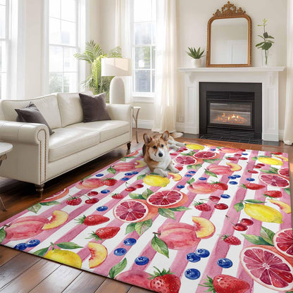 5x8ft Washable Area Rug,Fluffy Large Carpet Summer Peach Lemon Grapefruit Soft Indoor Rugs Non-Slip Accent Floor Mat for Living Room Bedroom Office Decor,Blueberry Strawberry Pink Stripe