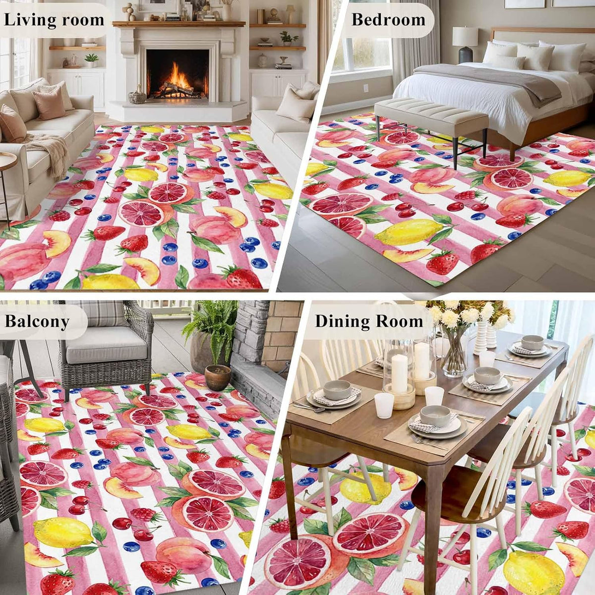 5x8ft Washable Area Rug,Fluffy Large Carpet Summer Peach Lemon Grapefruit Soft Indoor Rugs Non-Slip Accent Floor Mat for Living Room Bedroom Office Decor,Blueberry Strawberry Pink Stripe