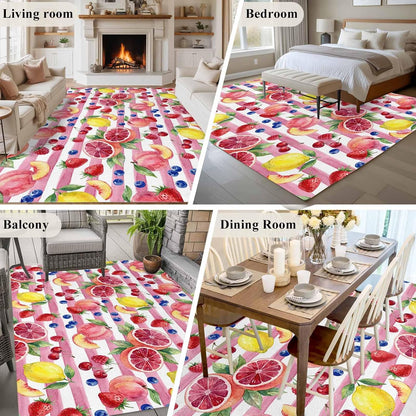 5x8ft Washable Area Rug,Fluffy Large Carpet Summer Peach Lemon Grapefruit Soft Indoor Rugs Non-Slip Accent Floor Mat for Living Room Bedroom Office Decor,Blueberry Strawberry Pink Stripe