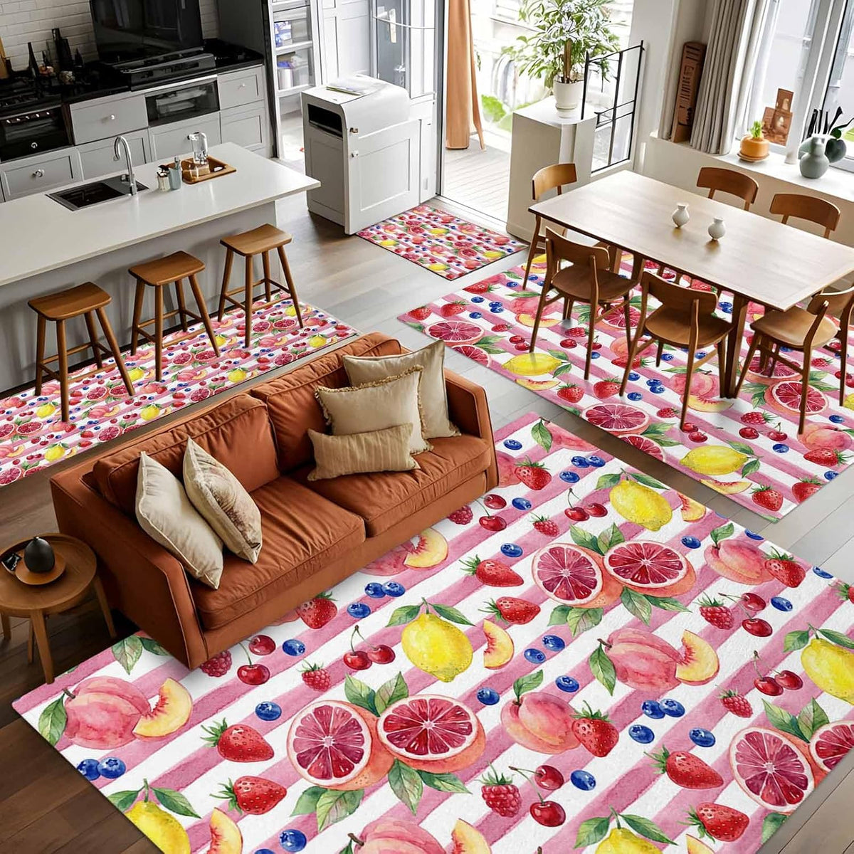 5x8ft Washable Area Rug,Fluffy Large Carpet Summer Peach Lemon Grapefruit Soft Indoor Rugs Non-Slip Accent Floor Mat for Living Room Bedroom Office Decor,Blueberry Strawberry Pink Stripe