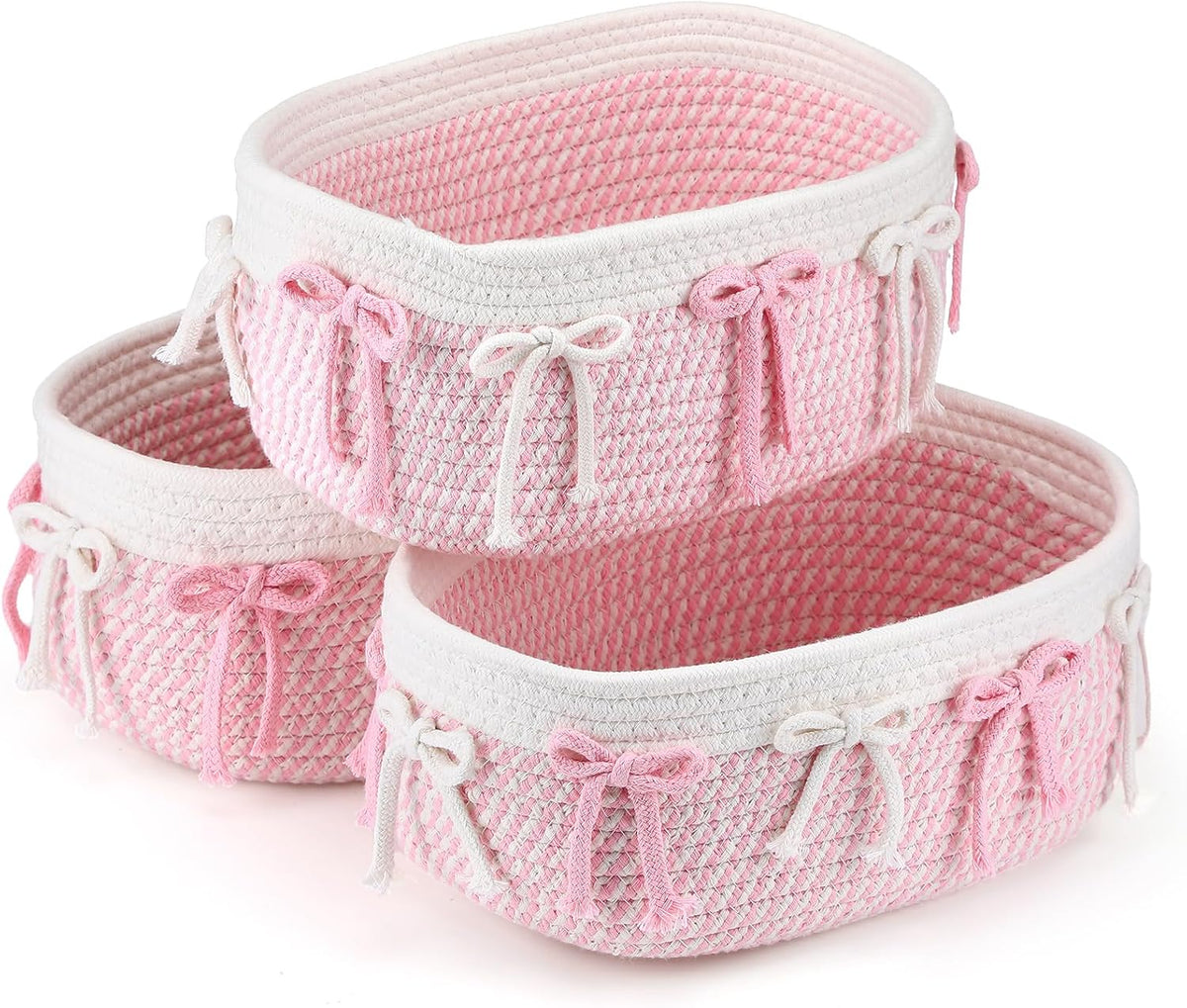 3 Pcs Pink Basket for Gifts, Bow Woven Rope Storage Organizer Bins