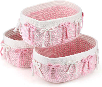 3 Pcs Pink Basket for Gifts, Bow Woven Rope Storage Organizer Bins
