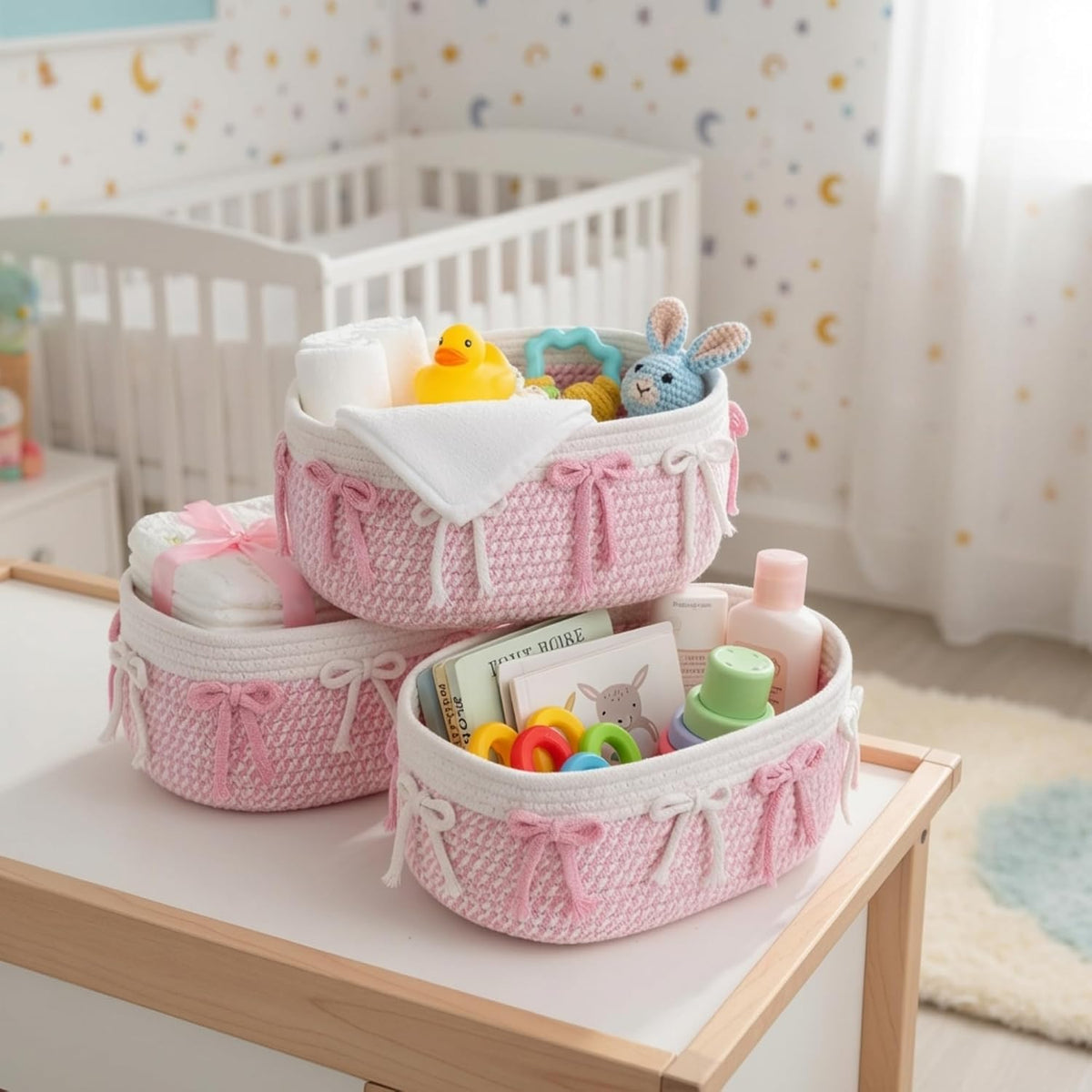 3 Pcs Pink Basket for Gifts, Bow Woven Rope Storage Organizer Bins