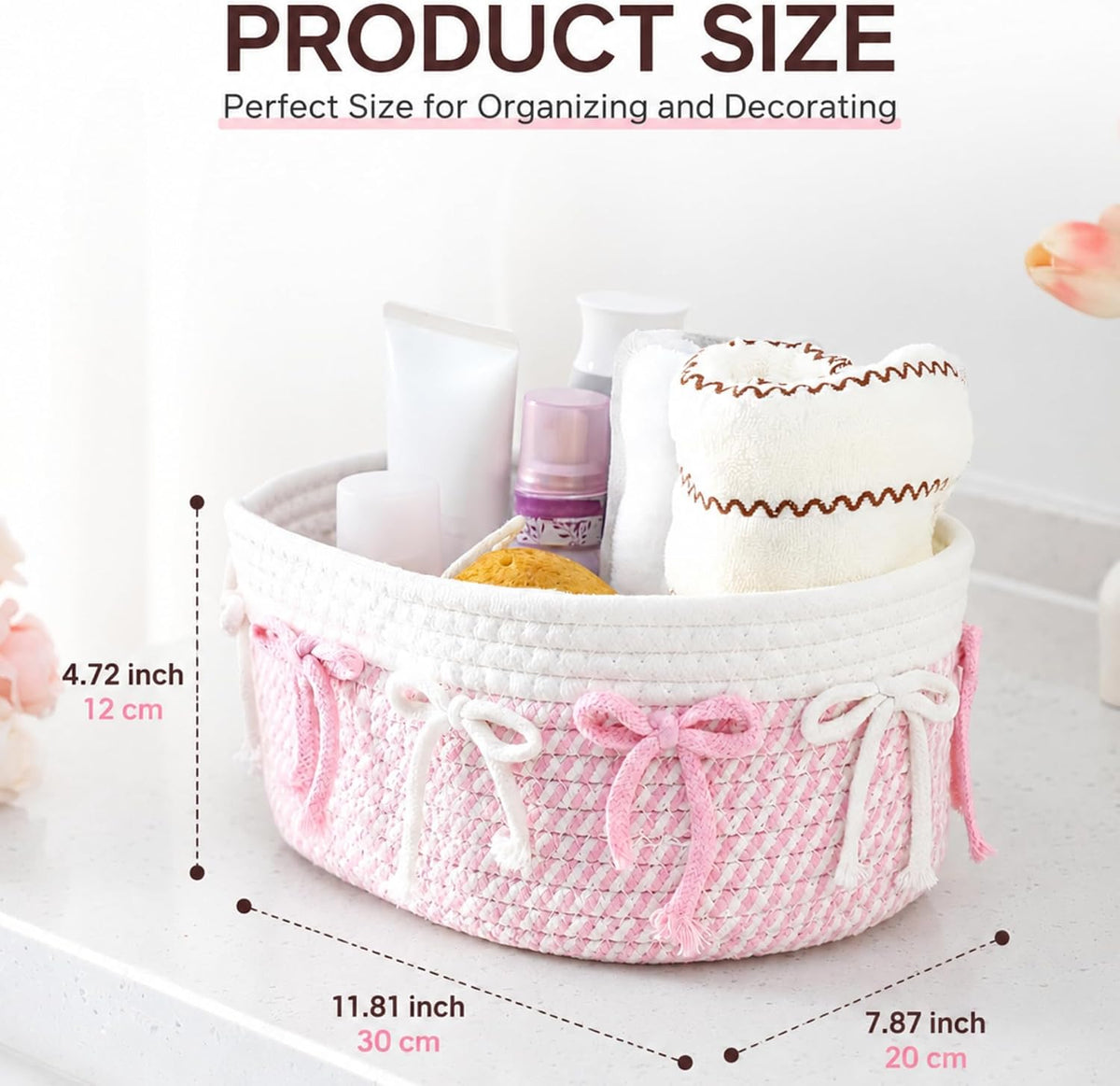 3 Pcs Pink Basket for Gifts, Bow Woven Rope Storage Organizer Bins
