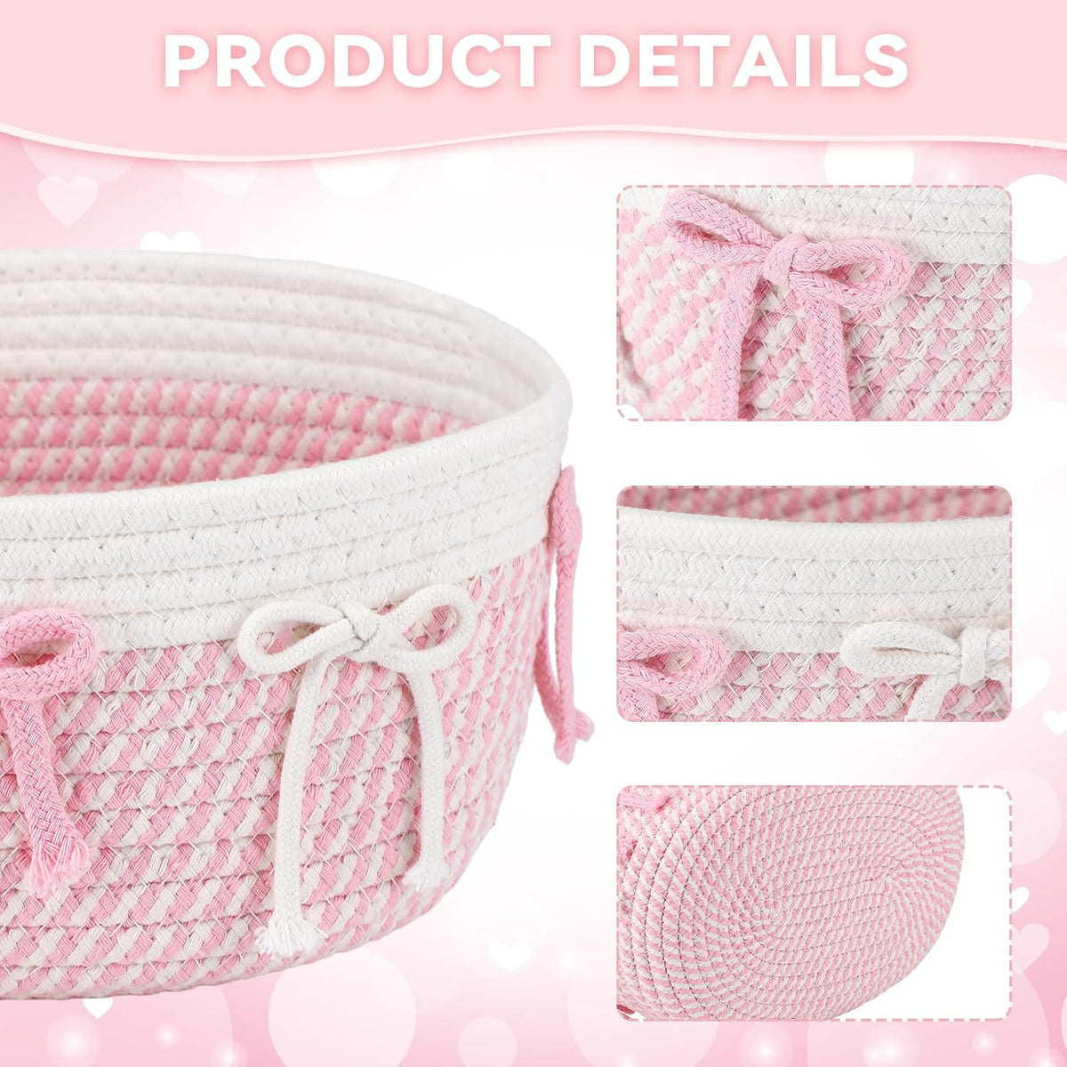 3 Pcs Pink Basket for Gifts, Bow Woven Rope Storage Organizer Bins