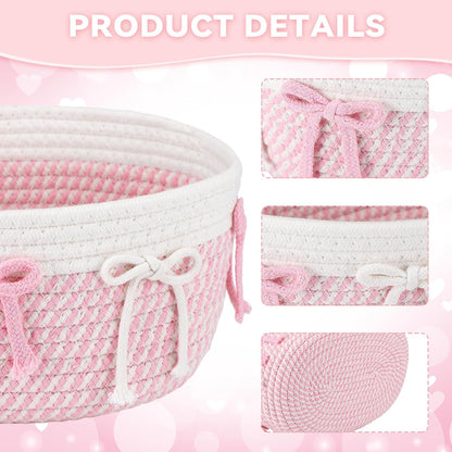 3 Pcs Pink Basket for Gifts, Bow Woven Rope Storage Organizer Bins
