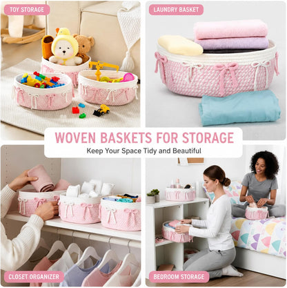 3 Pcs Pink Basket for Gifts, Bow Woven Rope Storage Organizer Bins