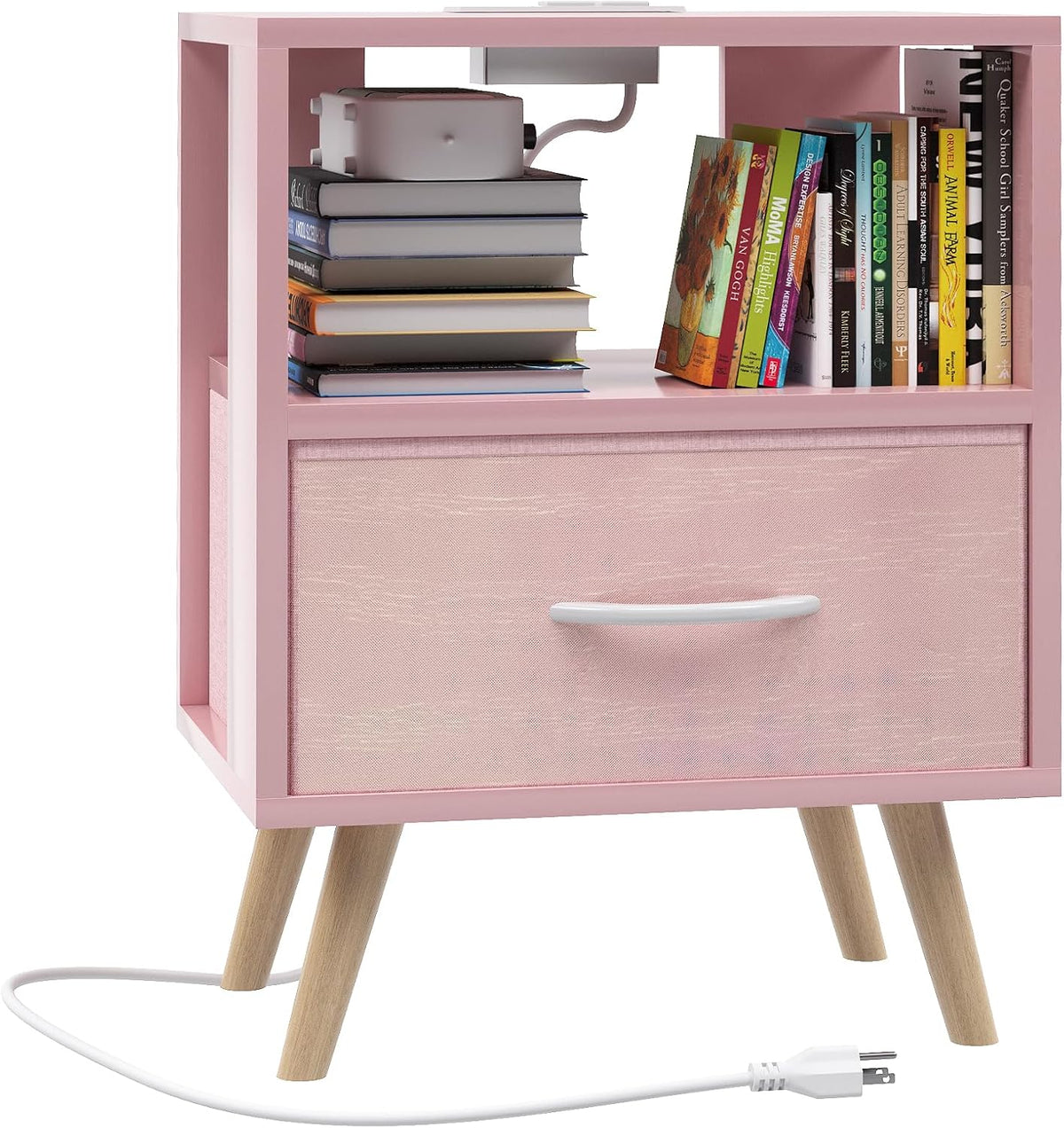 Night Stand with Charging Station, Pink Kids Nightstand with Drawer, 2-Tier Nursery Bedside Table with USB Ports and Outlets, End Table for Small Space, Living Room, Bedroom