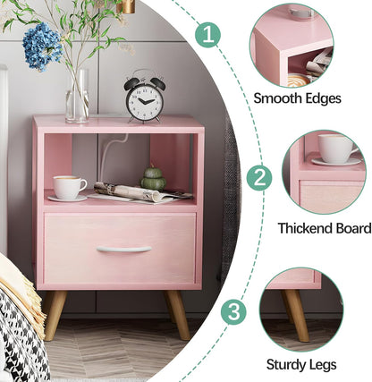 Night Stand with Charging Station, Pink Kids Nightstand with Drawer, 2-Tier Nursery Bedside Table with USB Ports and Outlets, End Table for Small Space, Living Room, Bedroom
