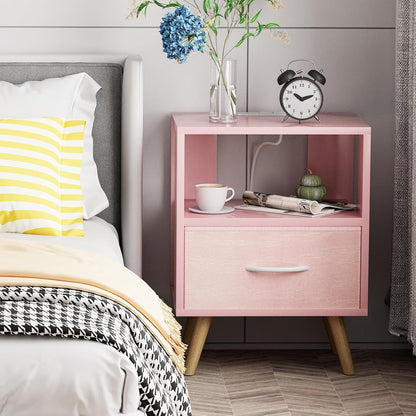 Night Stand with Charging Station, Pink Kids Nightstand with Drawer, 2-Tier Nursery Bedside Table with USB Ports and Outlets, End Table for Small Space, Living Room, Bedroom