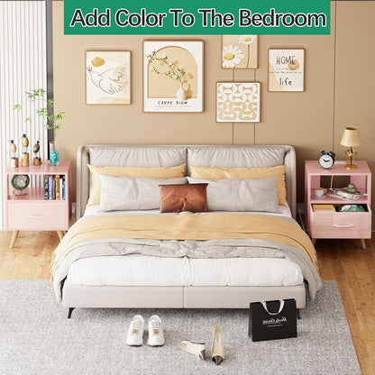 Night Stand with Charging Station, Pink Kids Nightstand with Drawer, 2-Tier Nursery Bedside Table with USB Ports and Outlets, End Table for Small Space, Living Room, Bedroom