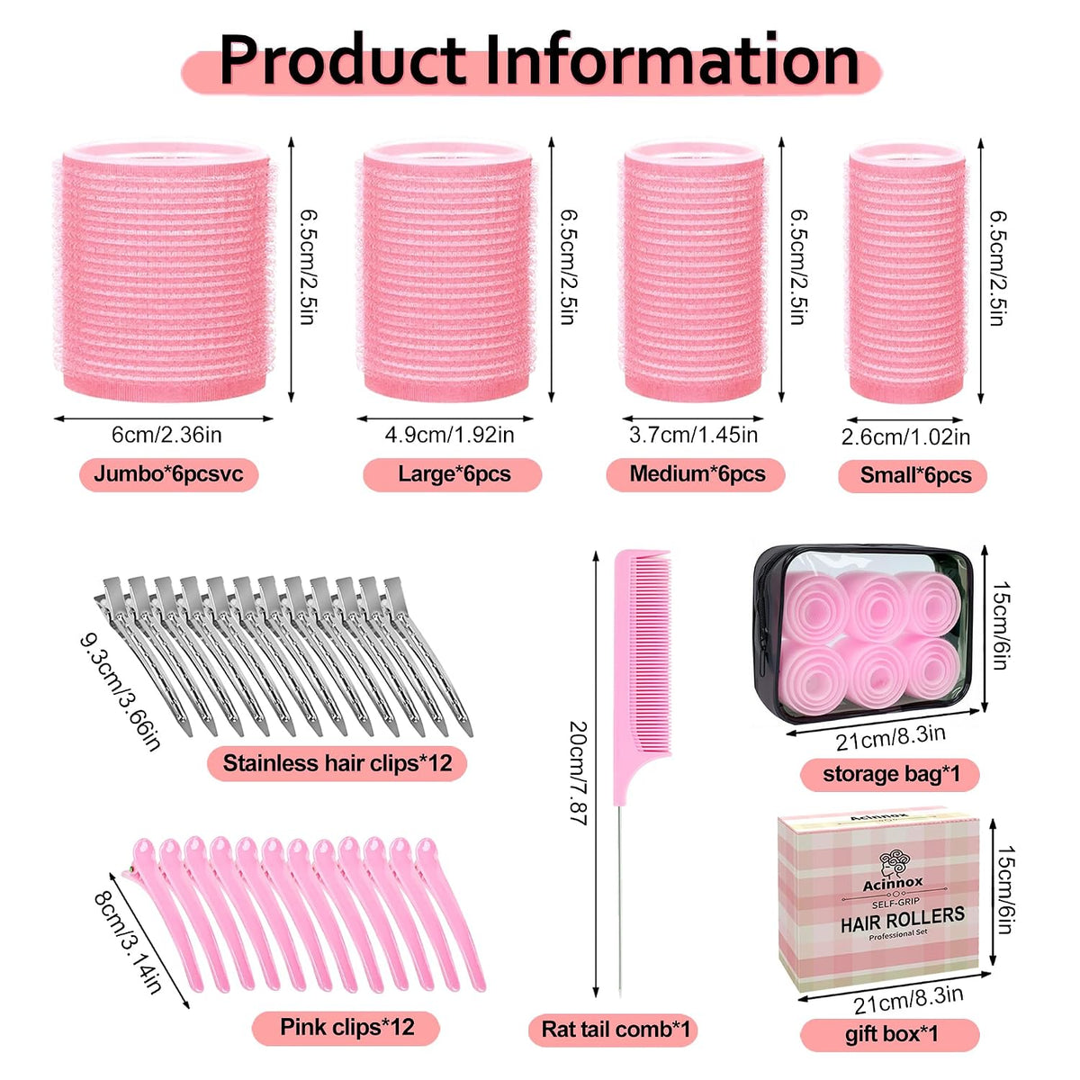 4 Sizes Self-Grip Hair Rollers Set with Clips - 4 Sizes for Long, Short Hair & Bangs (25mm, 36mm, 48mm, 60mm), (Pink, 4 Sizes)