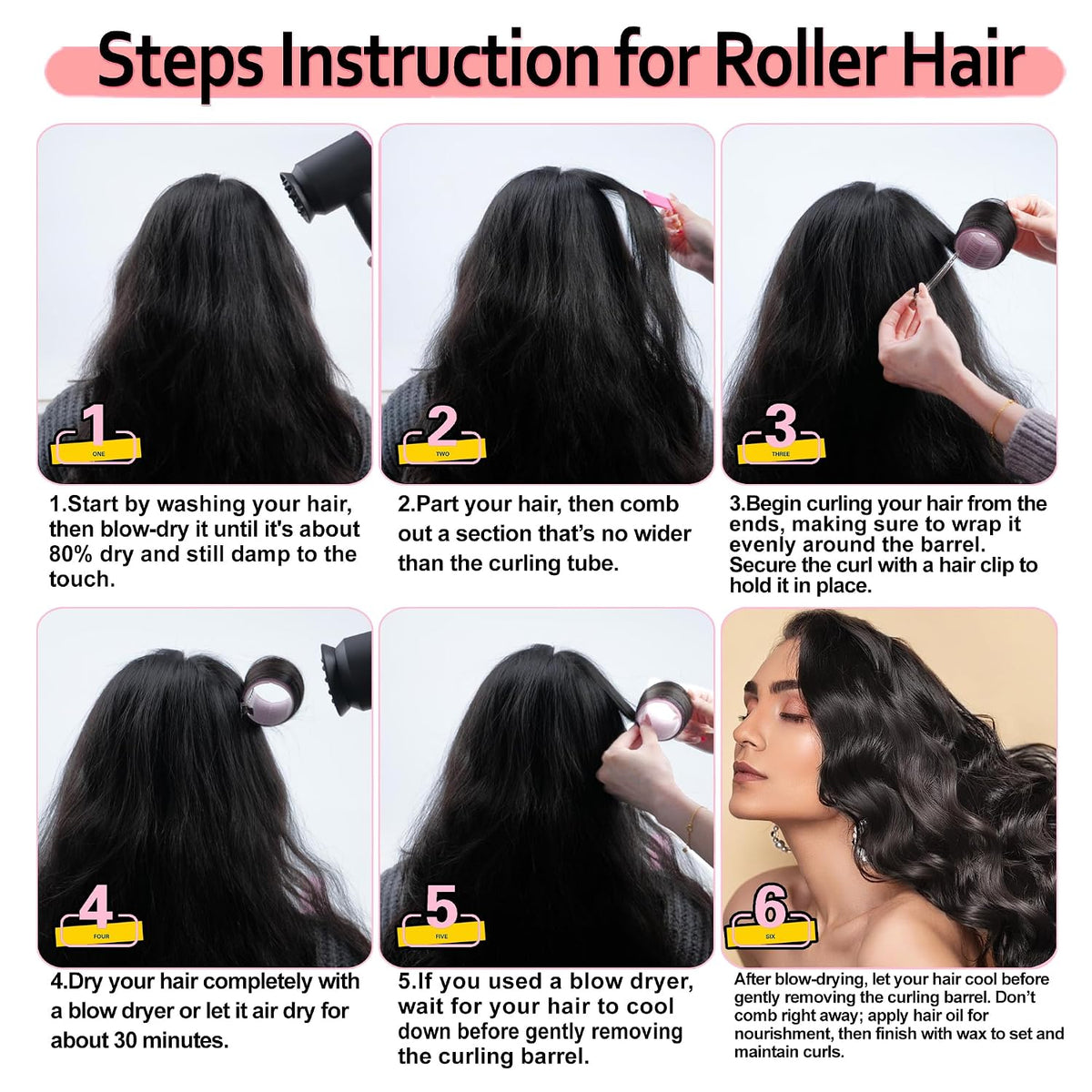 4 Sizes Self-Grip Hair Rollers Set with Clips - 4 Sizes for Long, Short Hair & Bangs (25mm, 36mm, 48mm, 60mm), (Pink, 4 Sizes)
