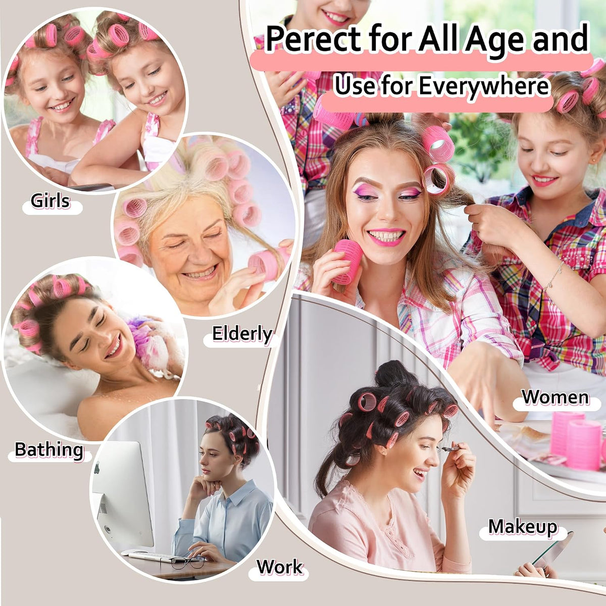 4 Sizes Self-Grip Hair Rollers Set with Clips - 4 Sizes for Long, Short Hair & Bangs (25mm, 36mm, 48mm, 60mm), (Pink, 4 Sizes)