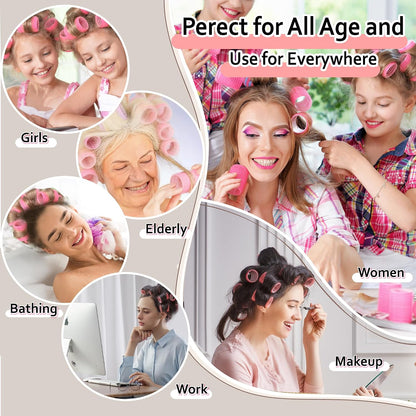 4 Sizes Self-Grip Hair Rollers Set with Clips - 4 Sizes for Long, Short Hair & Bangs (25mm, 36mm, 48mm, 60mm), (Pink, 4 Sizes)