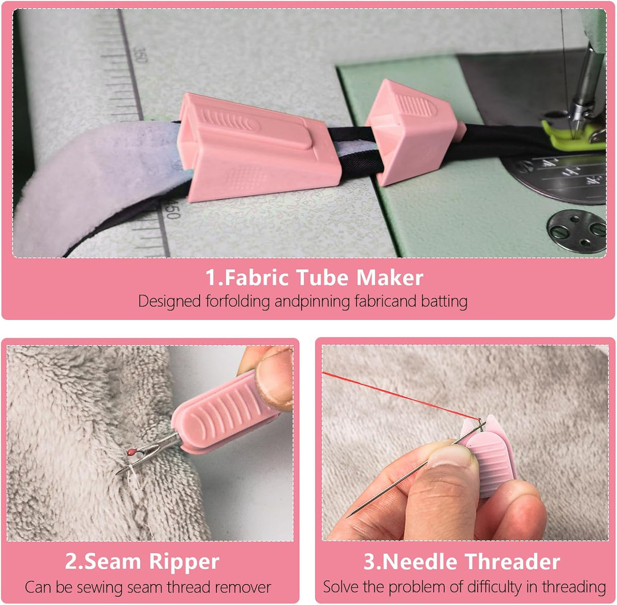 Bias Tape Maker, Fabric Tube Maker for Jelly Rolls Rugs Tool with Needle Threader and Seam Ripper, DIY Sewing Supplies and Accessories Day Gift Pink
