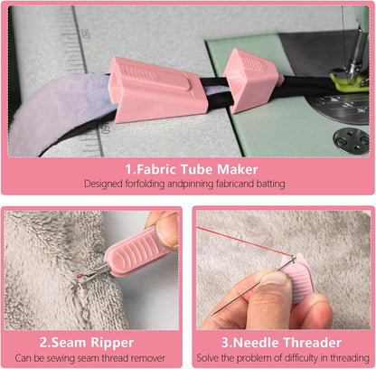 Bias Tape Maker, Fabric Tube Maker for Jelly Rolls Rugs Tool with Needle Threader and Seam Ripper, DIY Sewing Supplies and Accessories Day Gift Pink