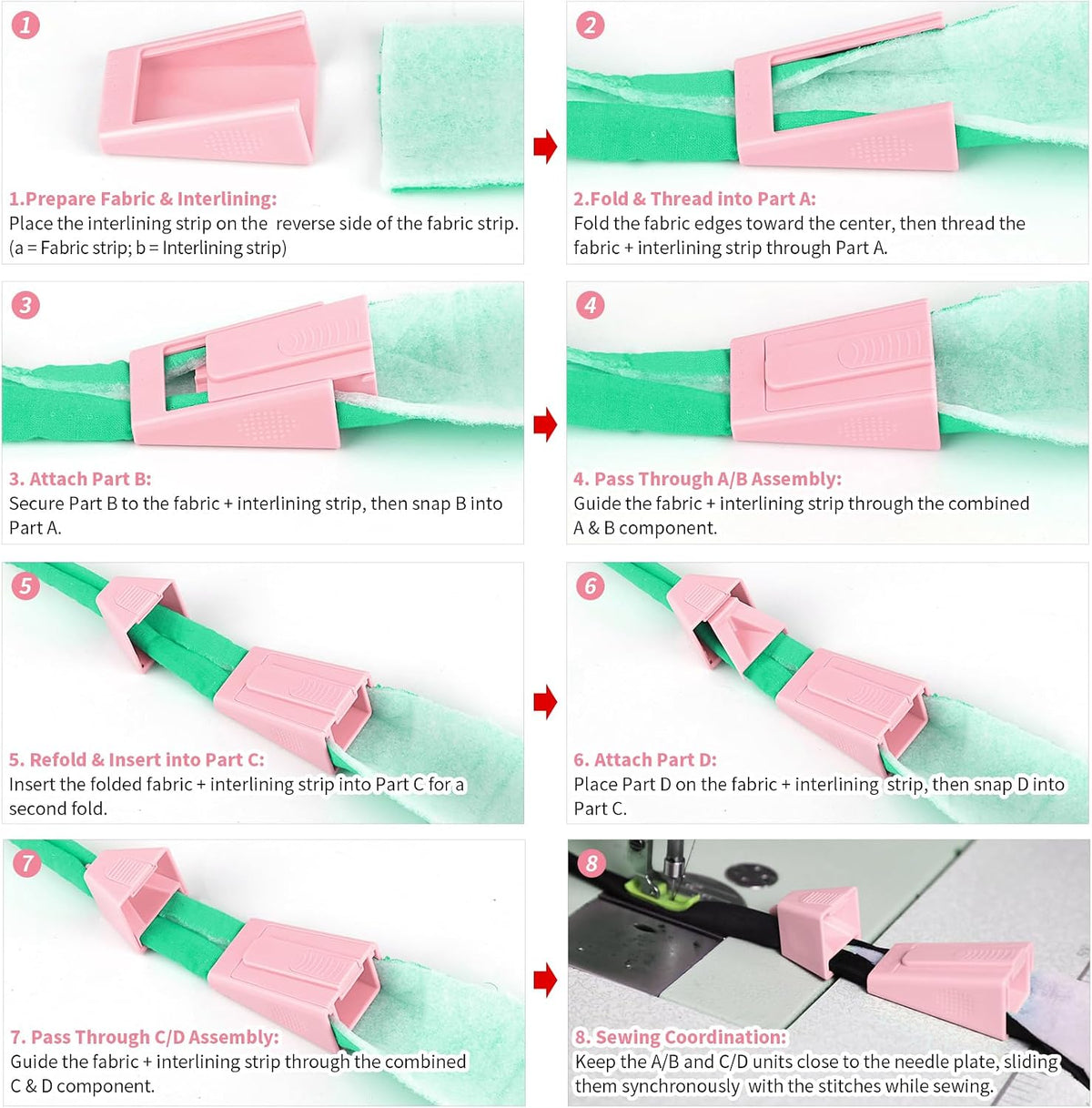 Bias Tape Maker, Fabric Tube Maker for Jelly Rolls Rugs Tool with Needle Threader and Seam Ripper, DIY Sewing Supplies and Accessories Day Gift Pink