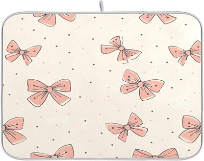 Light Pink Bow Dish Drying Mat for Kitchen Counter, Super Absorbent Reversible Dish Drainer Rack Pad Coffee Bar Mat, 18 x 24 inch