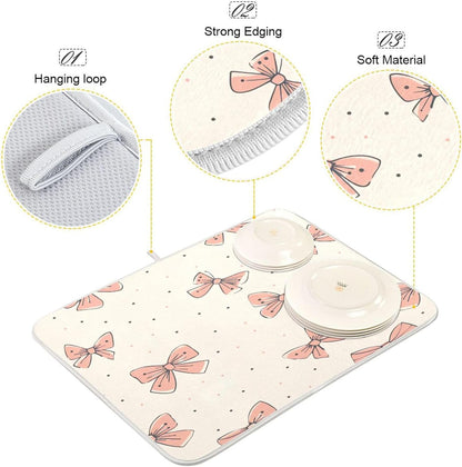 Light Pink Bow Dish Drying Mat for Kitchen Counter, Super Absorbent Reversible Dish Drainer Rack Pad Coffee Bar Mat, 18 x 24 inch