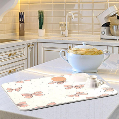Light Pink Bow Dish Drying Mat for Kitchen Counter, Super Absorbent Reversible Dish Drainer Rack Pad Coffee Bar Mat, 18 x 24 inch