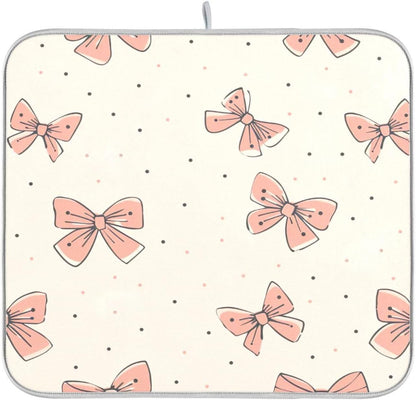 Light Pink Bow Dish Drying Mat for Kitchen Counter, Super Absorbent Reversible Dish Drainer Rack Pad Coffee Bar Mat, 18 x 24 inch