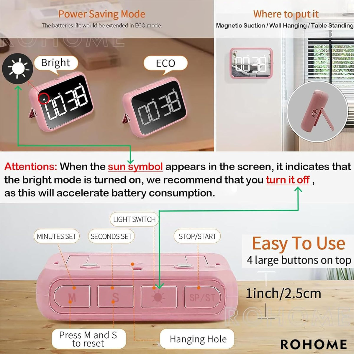 Digital Large Display Visual Timer Stopwatch for Kitchen Teacher School Classroom Cooking, Night Light Magnetic Bathroom Makeup Mirror LED Stop Clock Timer, 99 Minutes Countdown, Loud/Silent (Pink)
