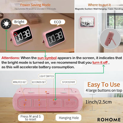Digital Large Display Visual Timer Stopwatch for Kitchen Teacher School Classroom Cooking, Night Light Magnetic Bathroom Makeup Mirror LED Stop Clock Timer, 99 Minutes Countdown, Loud/Silent (Pink)