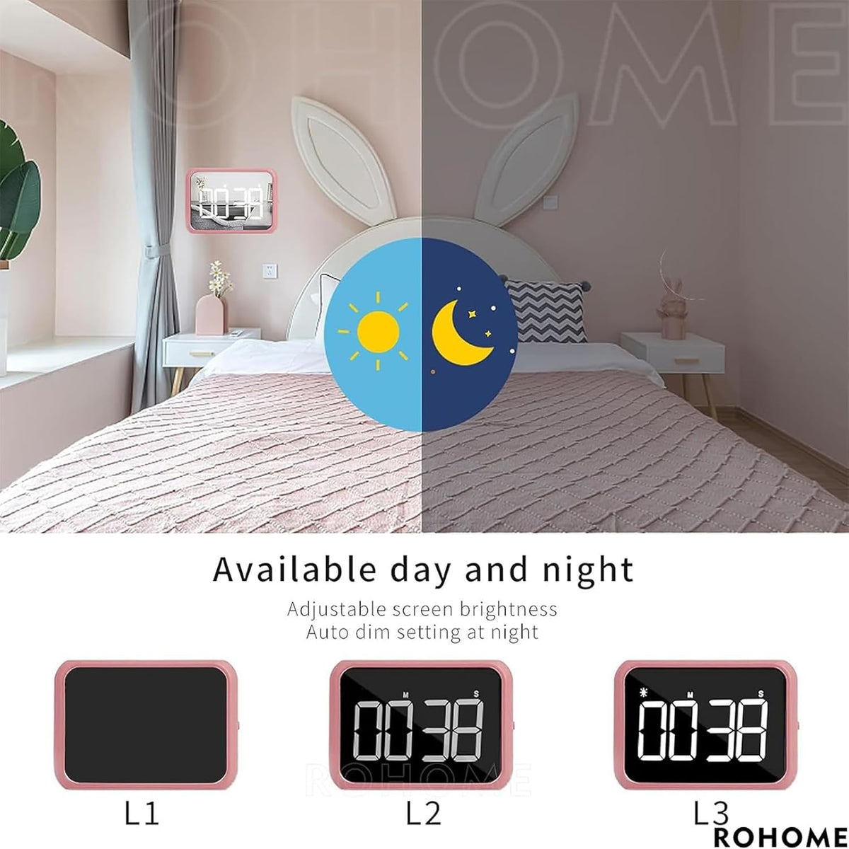 Digital Large Display Visual Timer Stopwatch for Kitchen Teacher School Classroom Cooking, Night Light Magnetic Bathroom Makeup Mirror LED Stop Clock Timer, 99 Minutes Countdown, Loud/Silent (Pink)