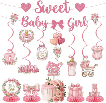 Baby Shower Decorations for Girl, 23PCS Pink Sweet Baby Shower Decorations with Pre-Strung Banner, Hanging Swirls Centerpieces Cake Topper for Gender Reveal Welcome Baby Girl Party Supplies