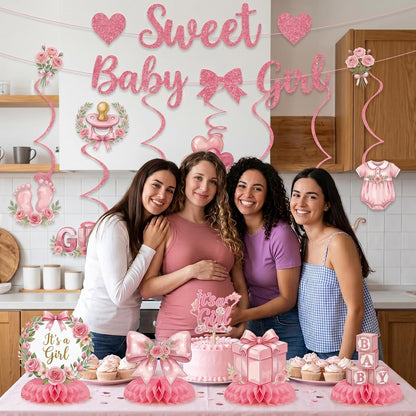 Baby Shower Decorations for Girl, 23PCS Pink Sweet Baby Shower Decorations with Pre-Strung Banner, Hanging Swirls Centerpieces Cake Topper for Gender Reveal Welcome Baby Girl Party Supplies