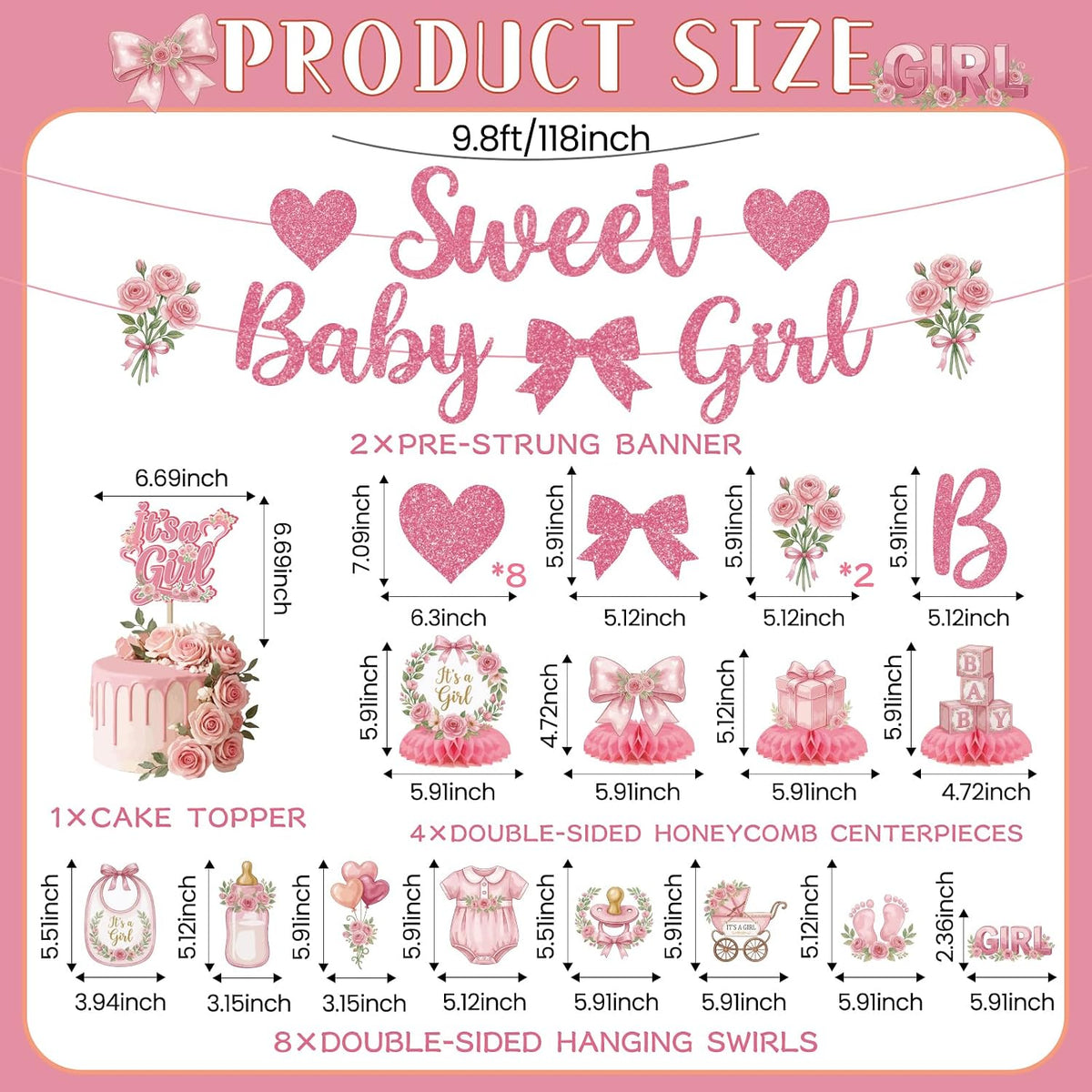 Baby Shower Decorations for Girl, 23PCS Pink Sweet Baby Shower Decorations with Pre-Strung Banner, Hanging Swirls Centerpieces Cake Topper for Gender Reveal Welcome Baby Girl Party Supplies