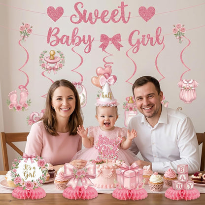 Baby Shower Decorations for Girl, 23PCS Pink Sweet Baby Shower Decorations with Pre-Strung Banner, Hanging Swirls Centerpieces Cake Topper for Gender Reveal Welcome Baby Girl Party Supplies