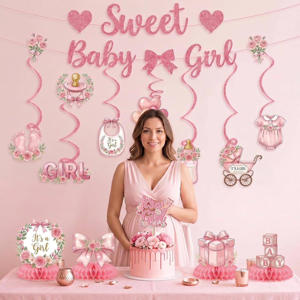 Baby Shower Decorations for Girl, 23PCS Pink Sweet Baby Shower Decorations with Pre-Strung Banner, Hanging Swirls Centerpieces Cake Topper for Gender Reveal Welcome Baby Girl Party Supplies