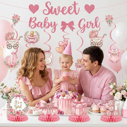 Baby Shower Decorations for Girl, 23PCS Pink Sweet Baby Shower Decorations with Pre-Strung Banner, Hanging Swirls Centerpieces Cake Topper for Gender Reveal Welcome Baby Girl Party Supplies