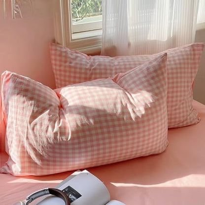 Pink/Blue Checkered Pure Cotton Pillow Cases Set of 2 Standard Queen Size Envelope Closure, Soft Washed Cotton Bedding Essentials (Pink,Queen 30" x 20")