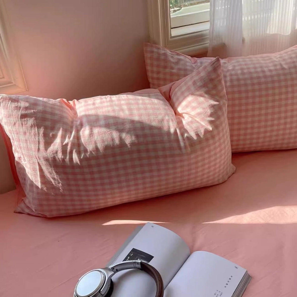 Pink/Blue Checkered Pure Cotton Pillow Cases Set of 2 Standard Queen Size Envelope Closure, Soft Washed Cotton Bedding Essentials (Pink,Queen 30" x 20")