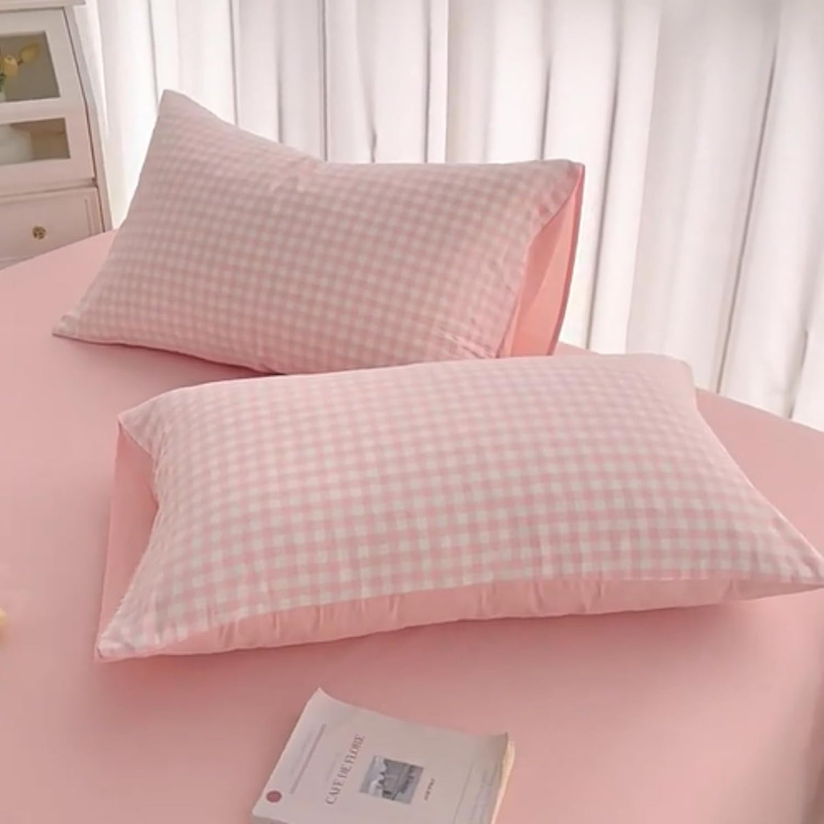 Pink/Blue Checkered Pure Cotton Pillow Cases Set of 2 Standard Queen Size Envelope Closure, Soft Washed Cotton Bedding Essentials (Pink,Queen 30" x 20")