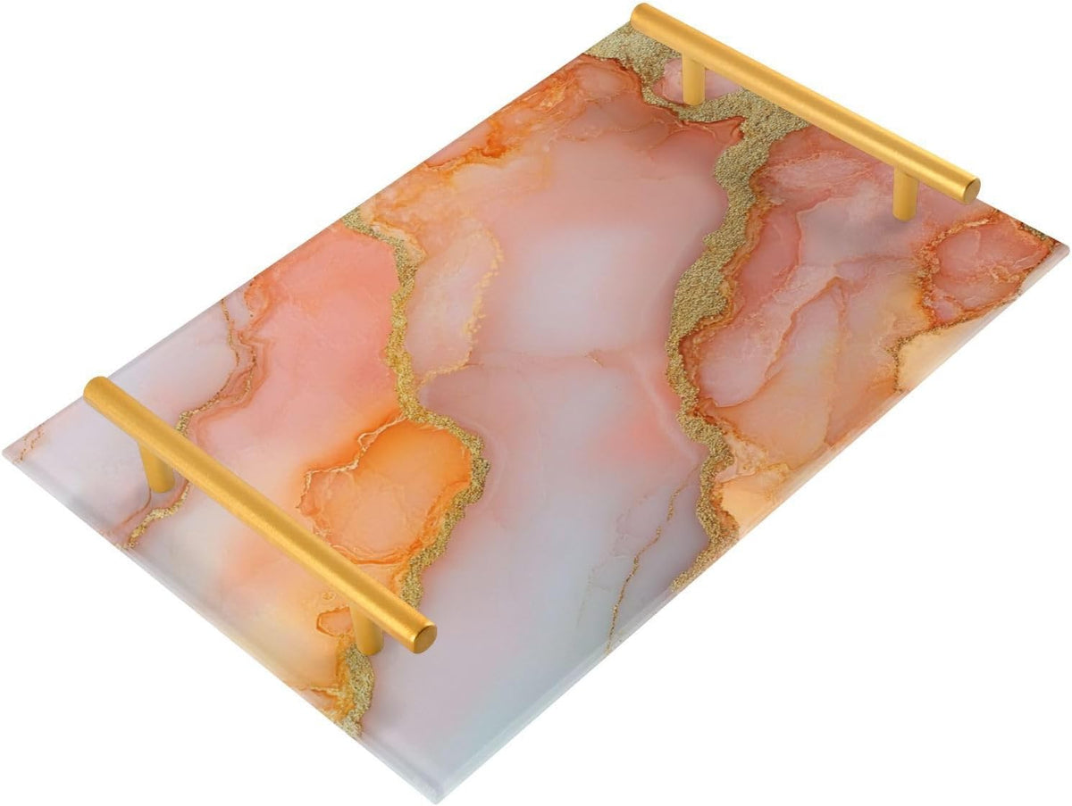 Marble Peach Blush Decorative Tray with Handles with Handles Large Coffee Table Tray for Jewelry Perfume for Room Service asafates Grandes para servir comida