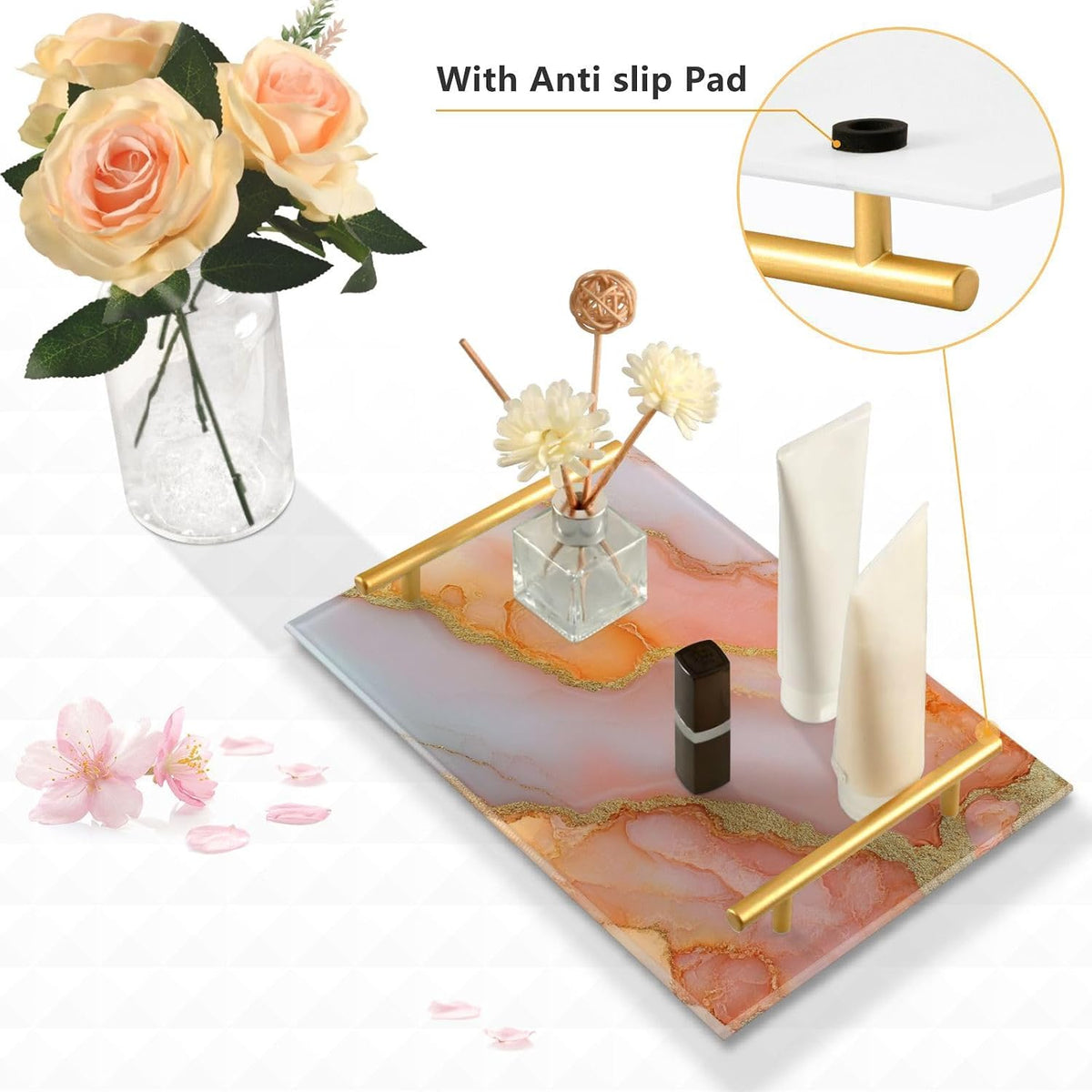 Marble Peach Blush Decorative Tray with Handles with Handles Large Coffee Table Tray for Jewelry Perfume for Room Service asafates Grandes para servir comida