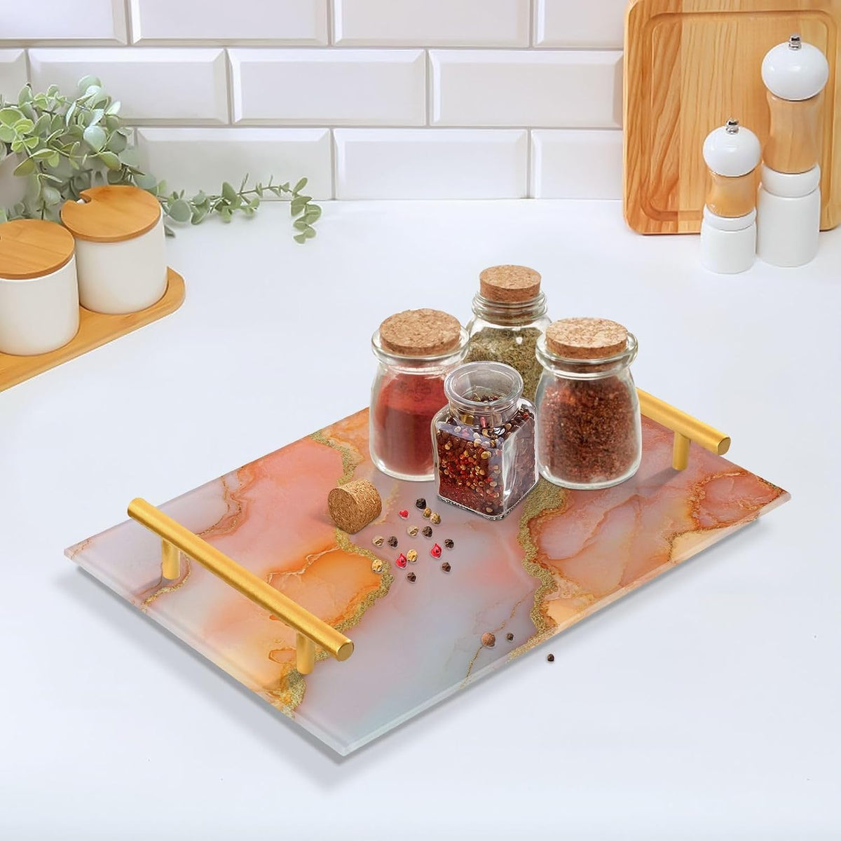 Marble Peach Blush Decorative Tray with Handles with Handles Large Coffee Table Tray for Jewelry Perfume for Room Service asafates Grandes para servir comida