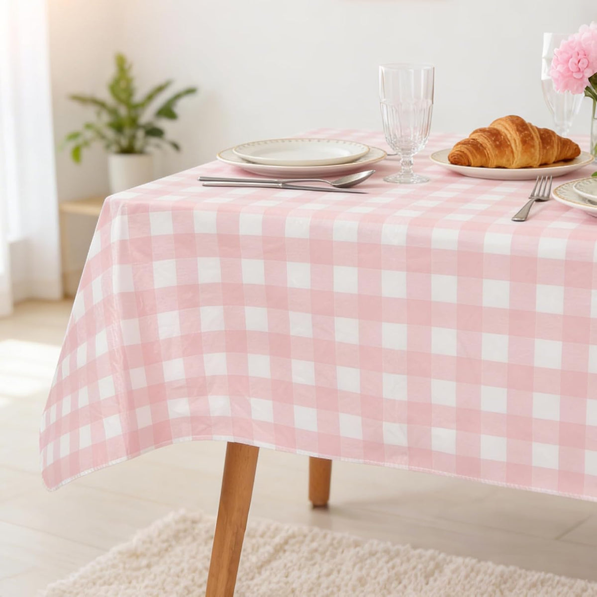 Gingham Vinyl Tablecloth with Flannel Backing for Rectangle Tables Outdoor, 60x84 Inch PEVA Waterproof Plastic Oilcloth, Wipeable Reusable Checkered Cover for Camping,Patio,Picnic,Kitchen, Pink Plaid