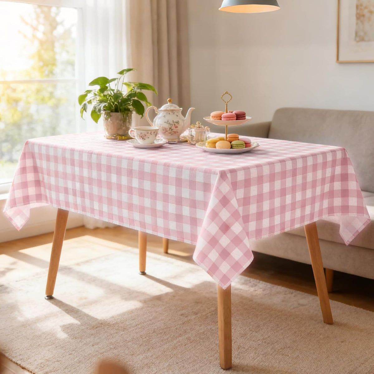 Gingham Vinyl Tablecloth with Flannel Backing for Rectangle Tables Outdoor, 60x84 Inch PEVA Waterproof Plastic Oilcloth, Wipeable Reusable Checkered Cover for Camping,Patio,Picnic,Kitchen, Pink Plaid