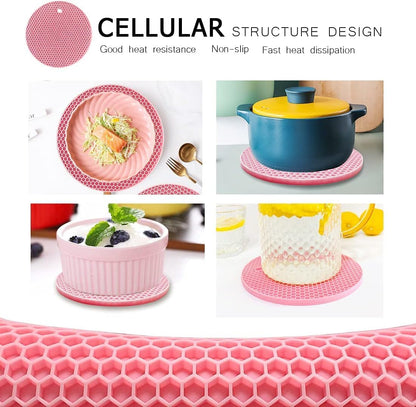 7-Inch Round Silicone Trivet Mats - 4-Pack Non-Slip Heat Resistant Hot Pads for Kitchen Countertops, Pots and Pans (Pink)