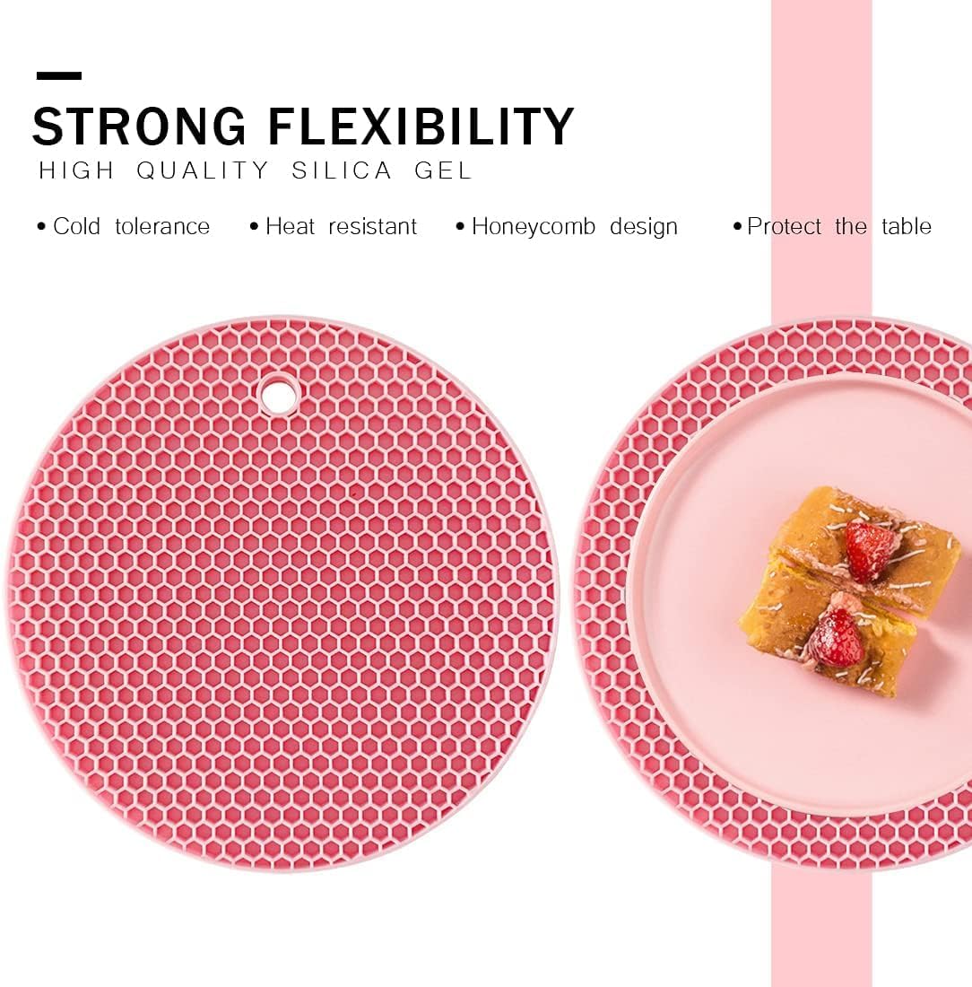 7-Inch Round Silicone Trivet Mats - 4-Pack Non-Slip Heat Resistant Hot Pads for Kitchen Countertops, Pots and Pans (Pink)