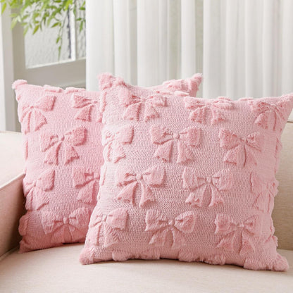 Bow Pillow Covers Set of 2 Preppy Room Decor, 18"x18", Dark Pink