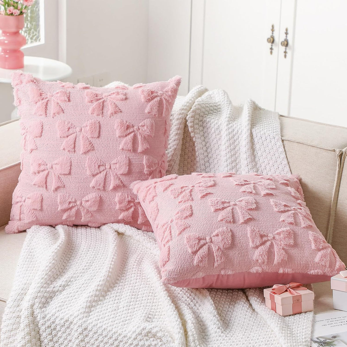 Bow Pillow Covers Set of 2 Preppy Room Decor, 18"x18", Dark Pink