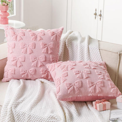Bow Pillow Covers Set of 2 Preppy Room Decor, 18"x18", Dark Pink