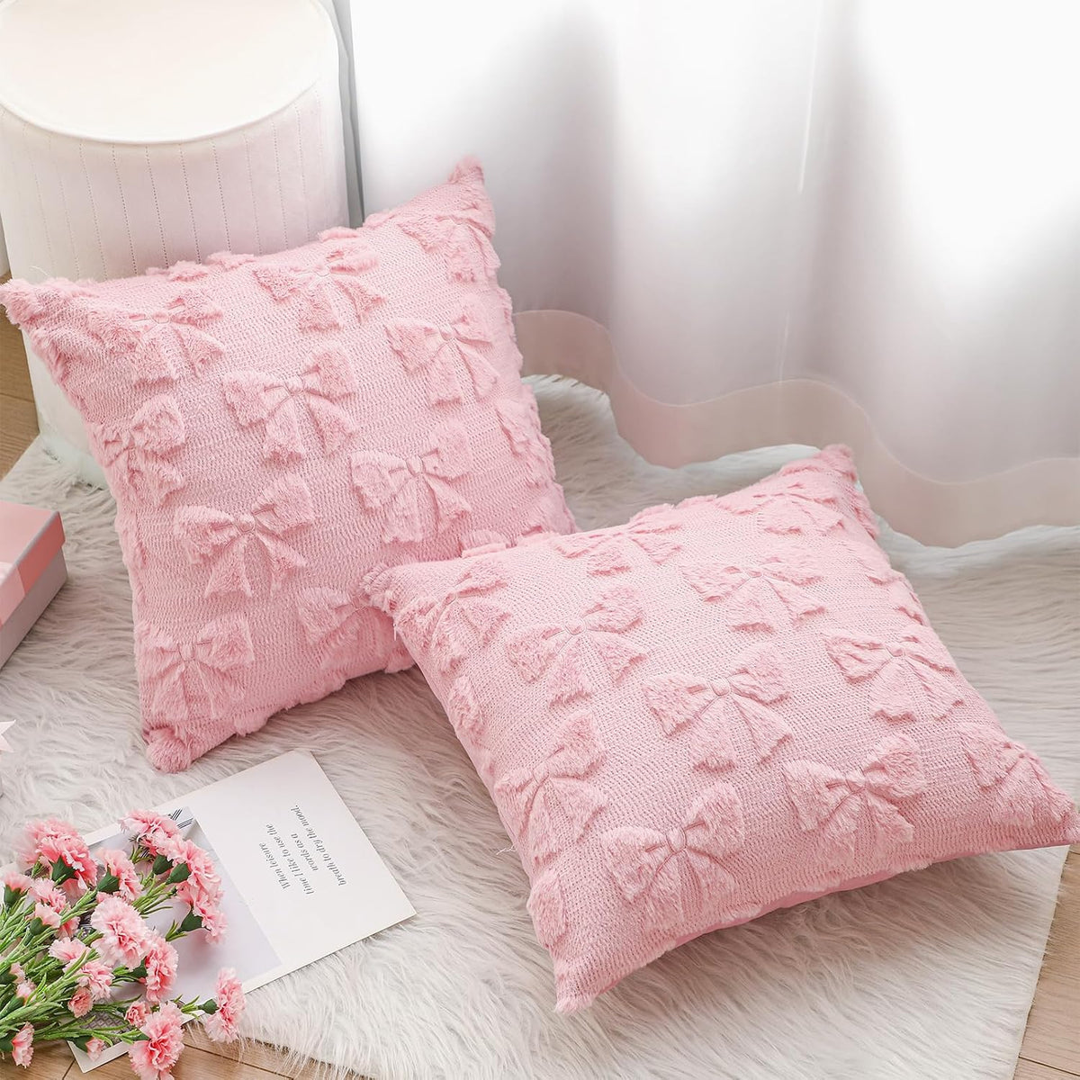 Bow Pillow Covers Set of 2 Preppy Room Decor, 18"x18", Dark Pink